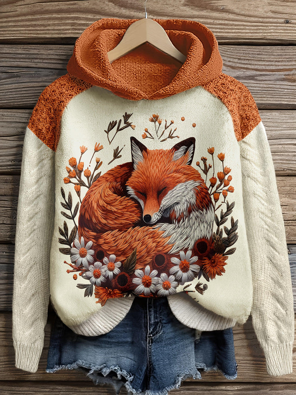Forest-style Color-Block Fox and Floral Print Hooded Sweater Top, Vintage Casual Loose Women's Pullover, Versatile Women's Clothing for Daily Outings and Casual Home Wear - Apricot
