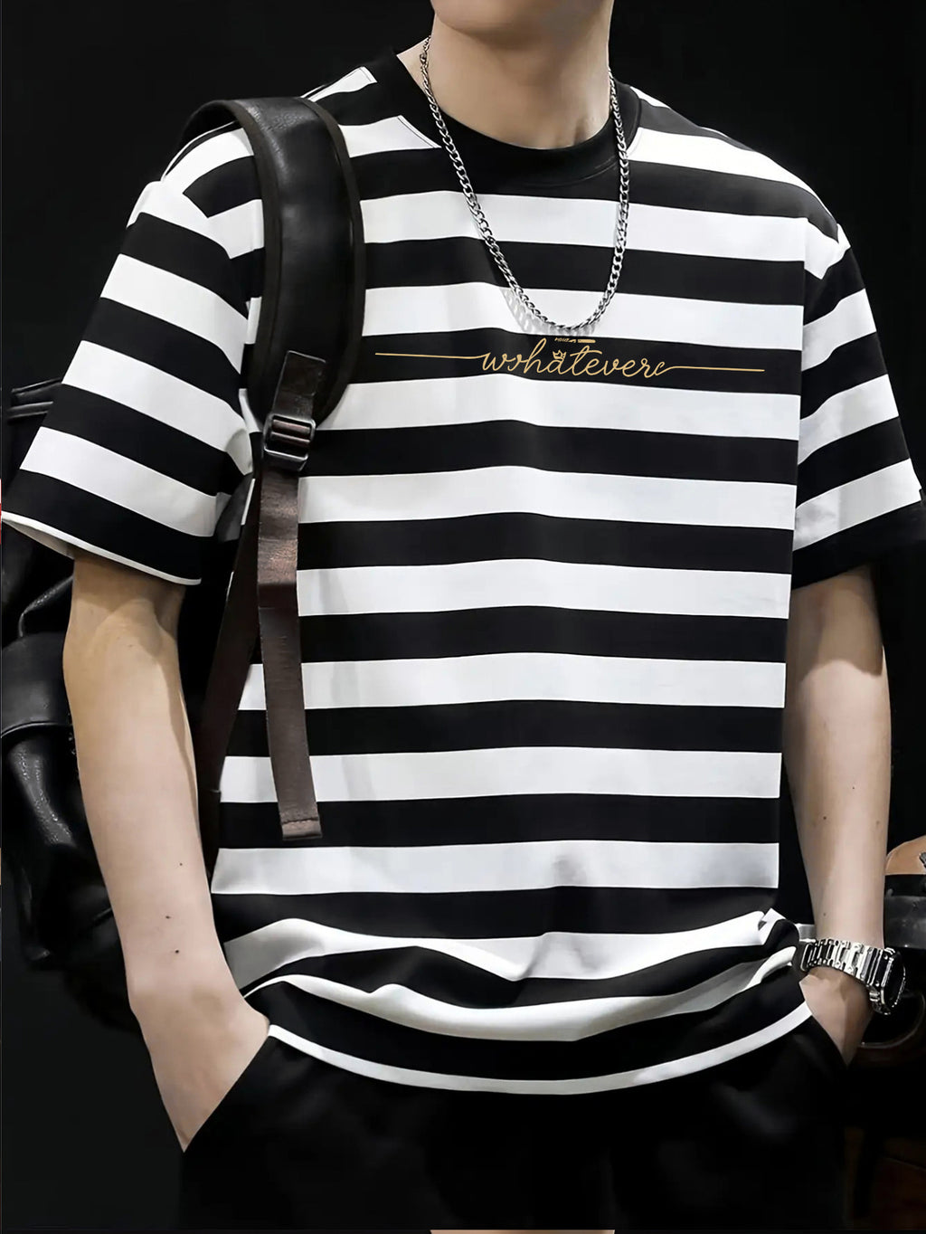 Simple Letter Print Fashion Men's Short Sleeve - Black And White