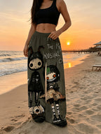 Women'S Digital Print Spring Summer Autumn Retro Horror Doll Cartoon Printed Women'S Trousers, Punk Y2K Subculture Loose Drapey Wide-Leg Pants - Dark Gray