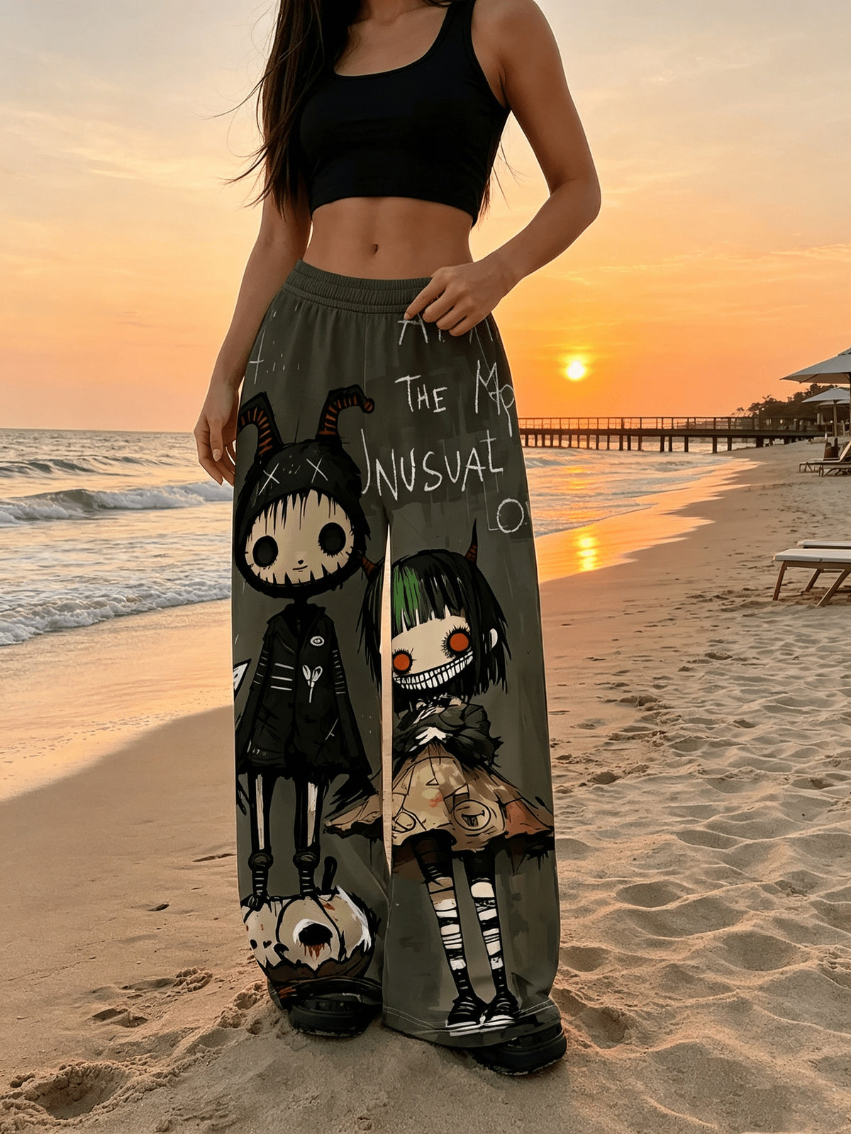 Women'S Digital Print Spring Summer Autumn Retro Horror Doll Cartoon Printed Women'S Trousers, Punk Y2K Subculture Loose Drapey Wide-Leg Pants - Dark Gray