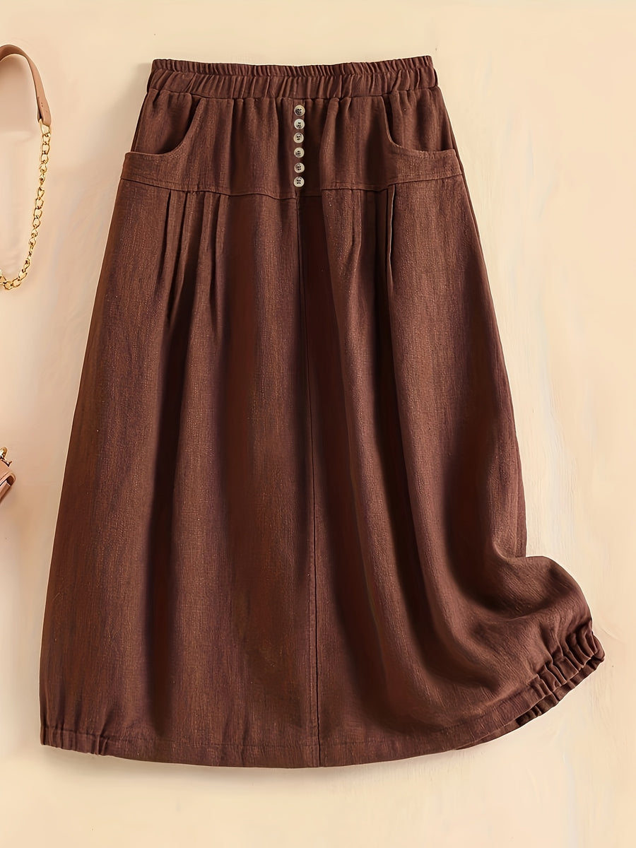 New Spring Summer Autumn Thin Korean Style Linen Loose Half Skirt with Pockets, Elastic Waist Linen Dress, Mid-Length Lantern Hem Women'S Skirt - Coffee Brown