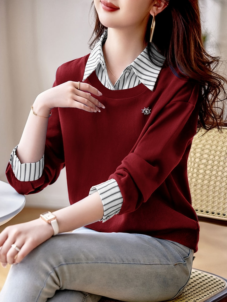 Women'S Fall Winter Casual Comfortable Fashion Long Sleeve Collared Striped Collar Polo Shirt - Burgundy