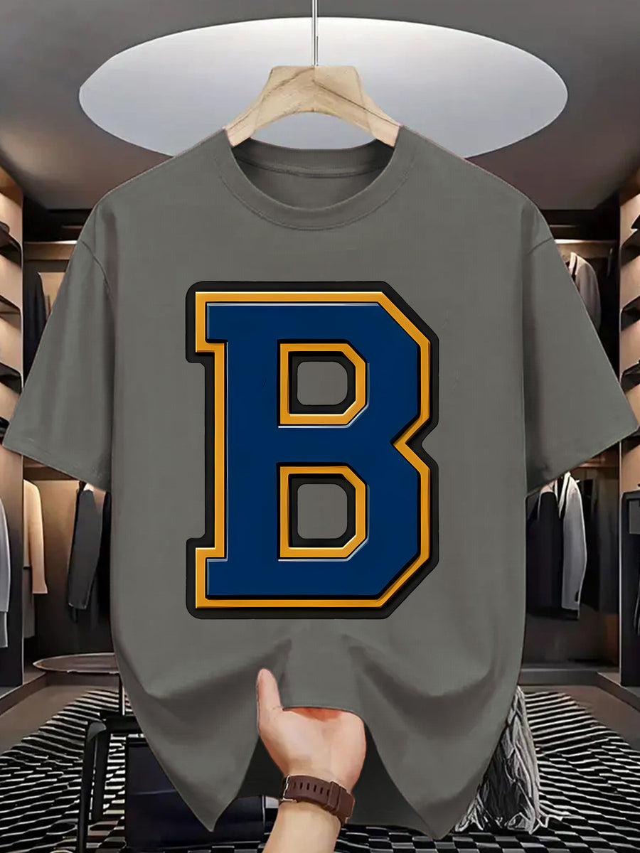 Men'S Summer Casual T-Shirt with Bold "B" Letter Print - Lightweight Polyester, Round Neck, Short Sleeve, Regular Fit, Perfect for Casual Attire, Everyday Tshirt | Trendy Casualwear | Durable Fabric - Grey