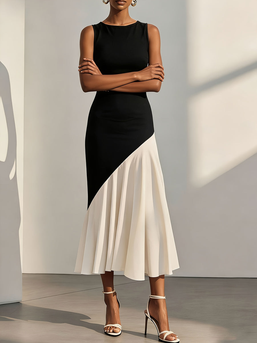 Women'S Summer Round Neck Elegant Sleeveless Two-Tone Dress, Asymmetrical Cut Design, Formal Gown, Bridesmaid Dress, Suitable for Wedding Season, Evening Parties, Casual Wear, Contrast Dress - Black apricot