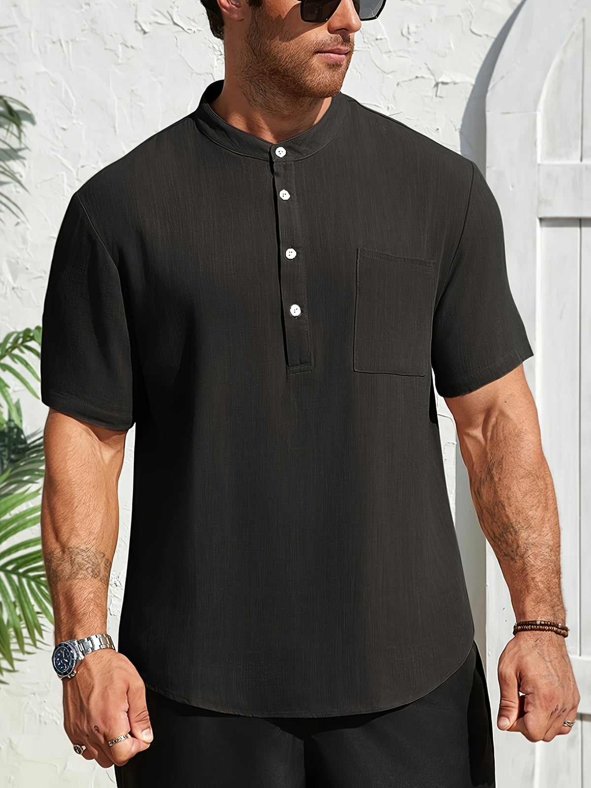 Solid Color Henley Shirt, New Summer Lightweight Solid Color Top, Casual And Comfortable Linen Henley Shirt, Comfortable Fabric, Suitable for Daily And Casual Wear - Black