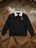 1pc Men'S Plush Lapel Polo Sweatshirt, Leopard R Letter Print, Retro American Casual Style, Autumn Loose Drop Shoulder Fit, Casual Daily Outwear - Black