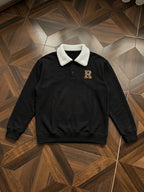 1pc Men'S Plush Lapel Polo Sweatshirt, Leopard R Letter Print, Retro American Casual Style, Autumn Loose Drop Shoulder Fit, Casual Daily Outwear - Black