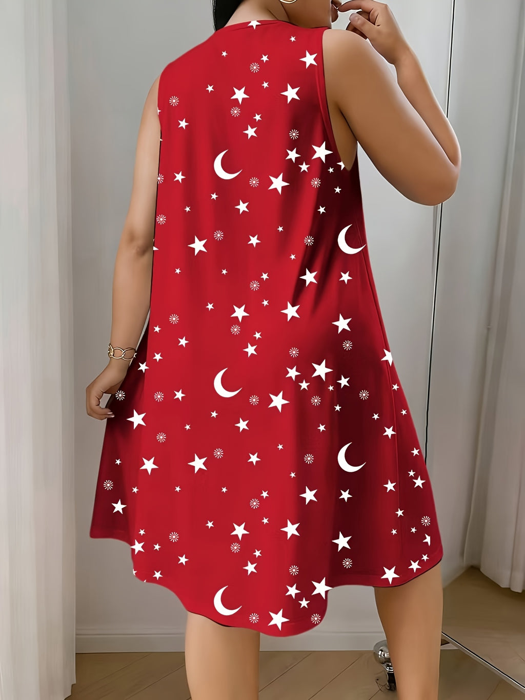 Women'S Plus Size Sleeveless Vest Dress with Star And Moon All-Over Print, Spring Summer Style, Very Comfortable Home Wear - Red