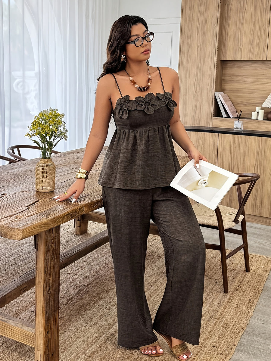 Women'S Solid Color Thin Strap Ruffled Elegant Pullover Sweater And Straight Solid Color Long Pants, Summer New Casual to Formal Wear, Designer Style, Beautiful Two-Piece Pants Set - Coffee Color