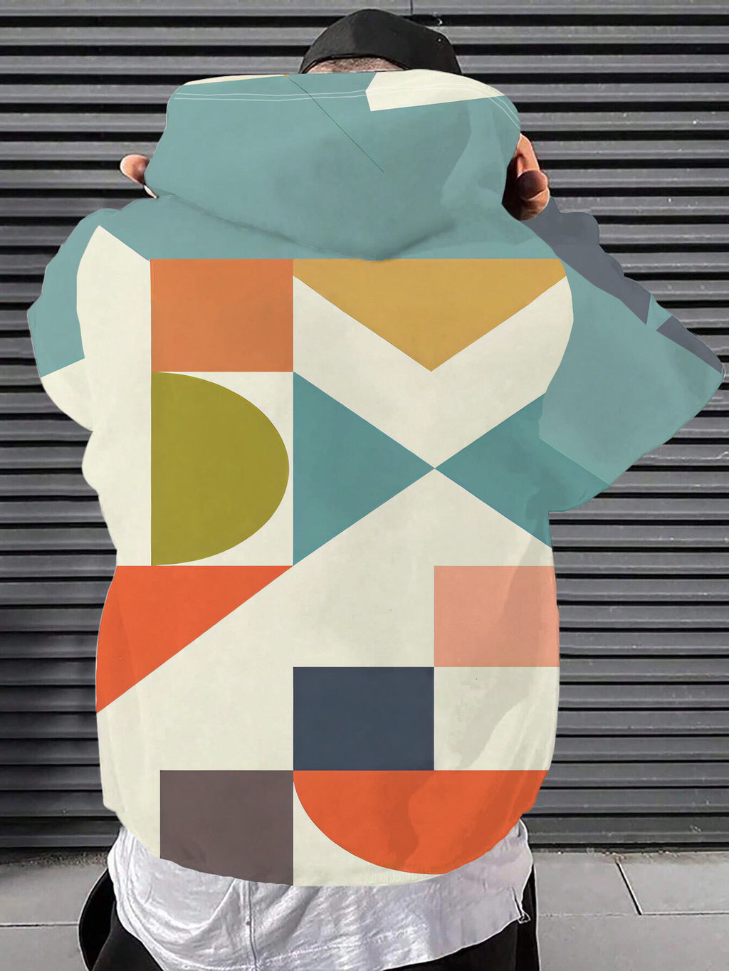 Men'S Individual Trendy Street Style Hooded Sweatshirt with Geometric Color Block Abstract Design - Full of Street Trendy Style, Rich And Artistic Pattern Elements, Easily Create Individual Outfits, Drawstring Design Adds Casual Charm - Multicolor