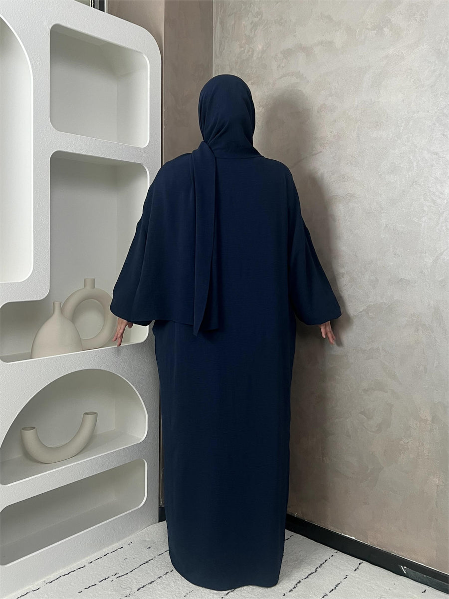 IRONFREE Elegant Crepe Hooded Abaya Hijab with Attached Scarf & Pockets - Modest Long Sleeve Full Coverage Prayer Dress, Machine Washable Medium Stretch Solid Color All-Season Traditional Muslim Women's Clothing, Muslim Clothes, Modest Apparel, Medium - Navy Color