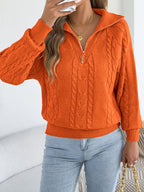 Autumn and Winter Leisure Vacation Pullover Sweater Solid Color Zipper Lapel Women's Sweater - Orange