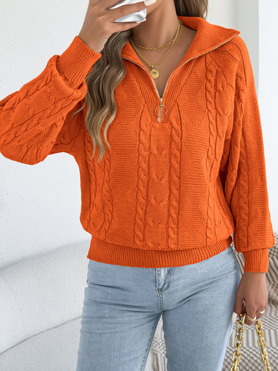 Autumn and Winter Leisure Vacation Pullover Sweater Solid Color Zipper Lapel Women's Sweater - Orange