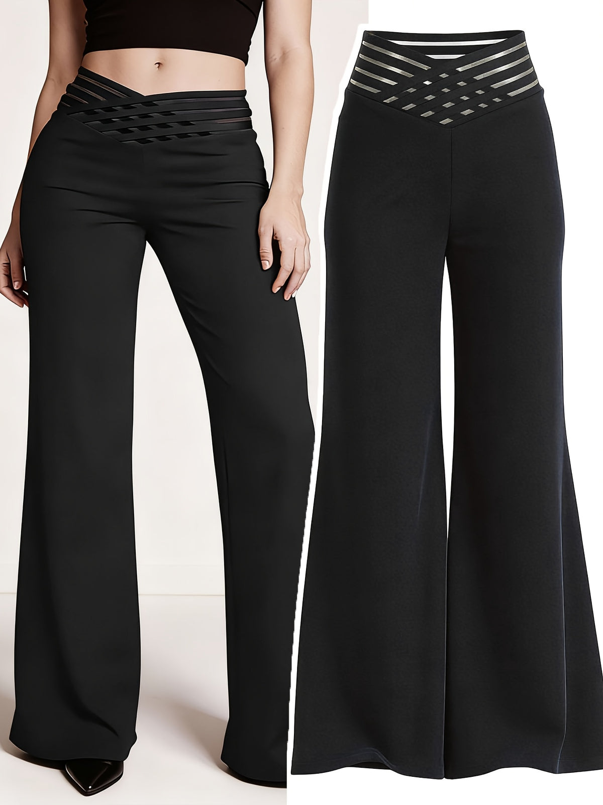 Women'S Crossed Waist Straight Leg Pants, Mesh Waistband Design, Solid Color Slightly Elastic Casual Trousers Suitable for Travel And Dates - Black
