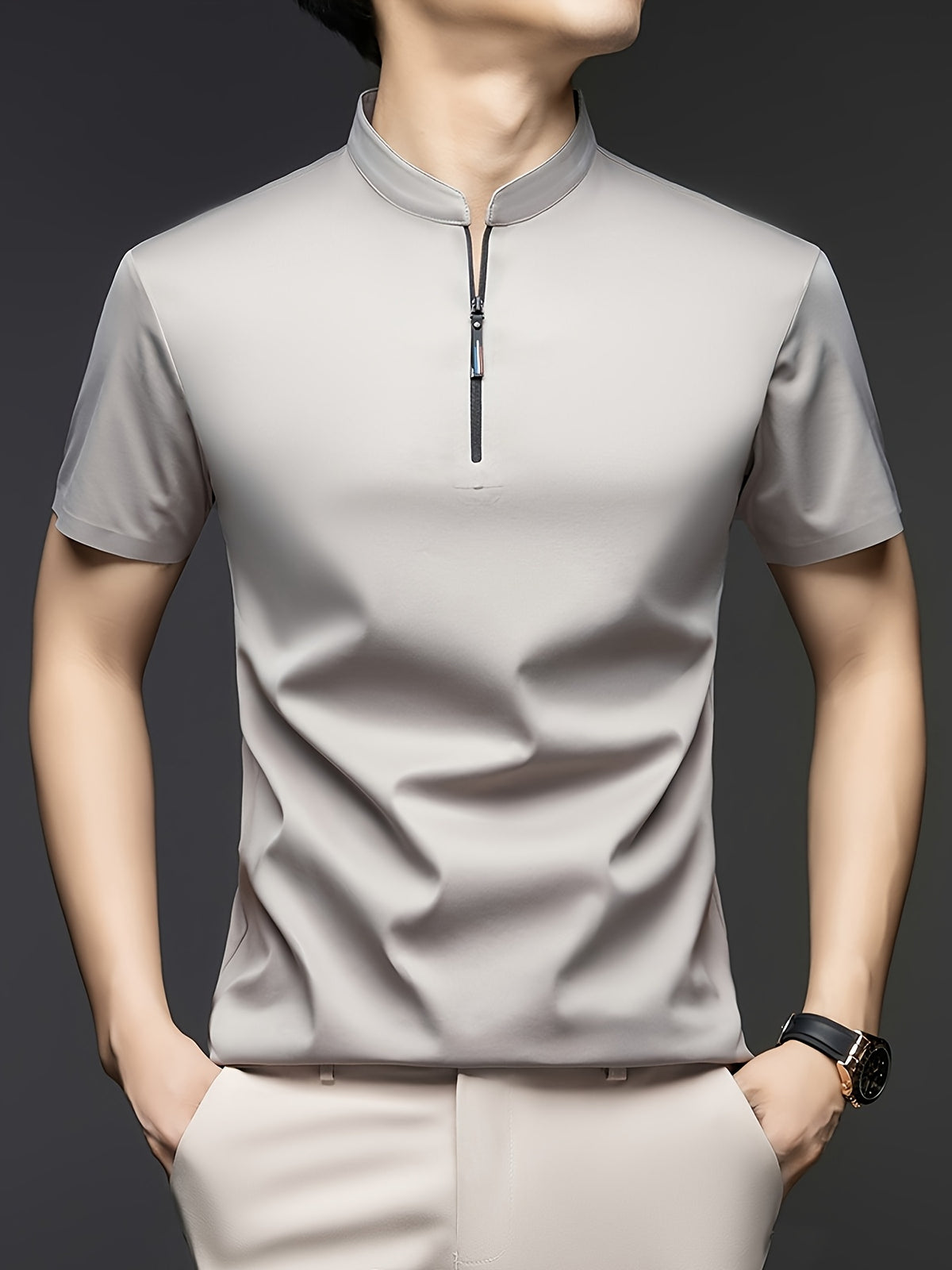 [Josh Mei Obm] Summer Men'S Solid Color Short Sleeve Zipper T-Shirt, Mid-Age Casual Stand-Up Collar Pullover Top - Beige Color
