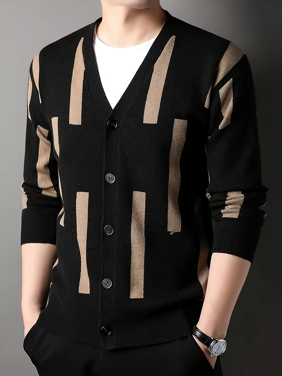 Men's Color-Block Vertical Stripe V-Neck Cardigan, Light Luxury Business Autumn/Winter Knitted Outerwear, Slim-Fit Long-Sleeve Sweater - Black