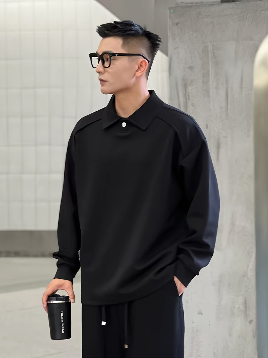 Pearson OBM Heavyweight Polo Long-Sleeve T-Shirt for Men, Stylish and Trendy Design, Gentleman's Spring/Autumn Apparel, Attractive and Versatile Casual Base Layer with a Relaxed Temperament, Suitable for Outer Wear - Space Black