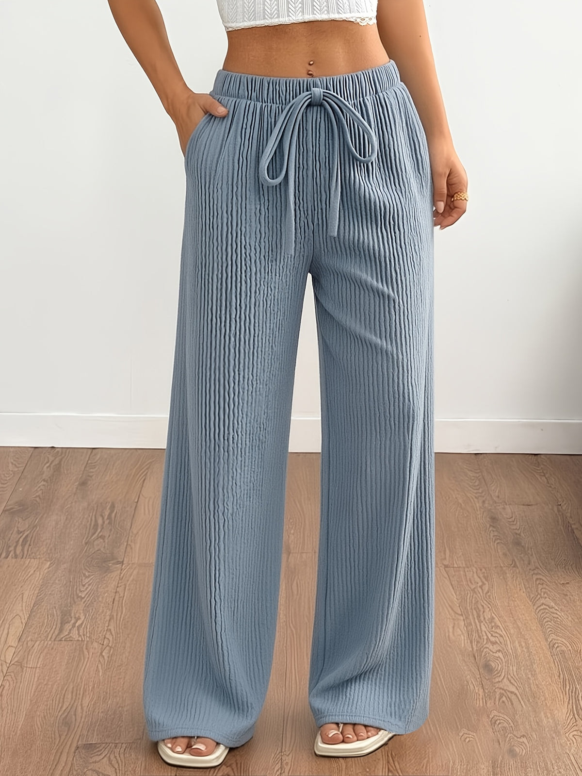 Spring/Autumn Women's Flowy Casual Straight-Leg Pants, Loose-Fit Breathable Wide-Leg Trousers with Faux Drawstring and Pockets, Comfortable and Versatile Summer Outdoor Pants - Light Blue