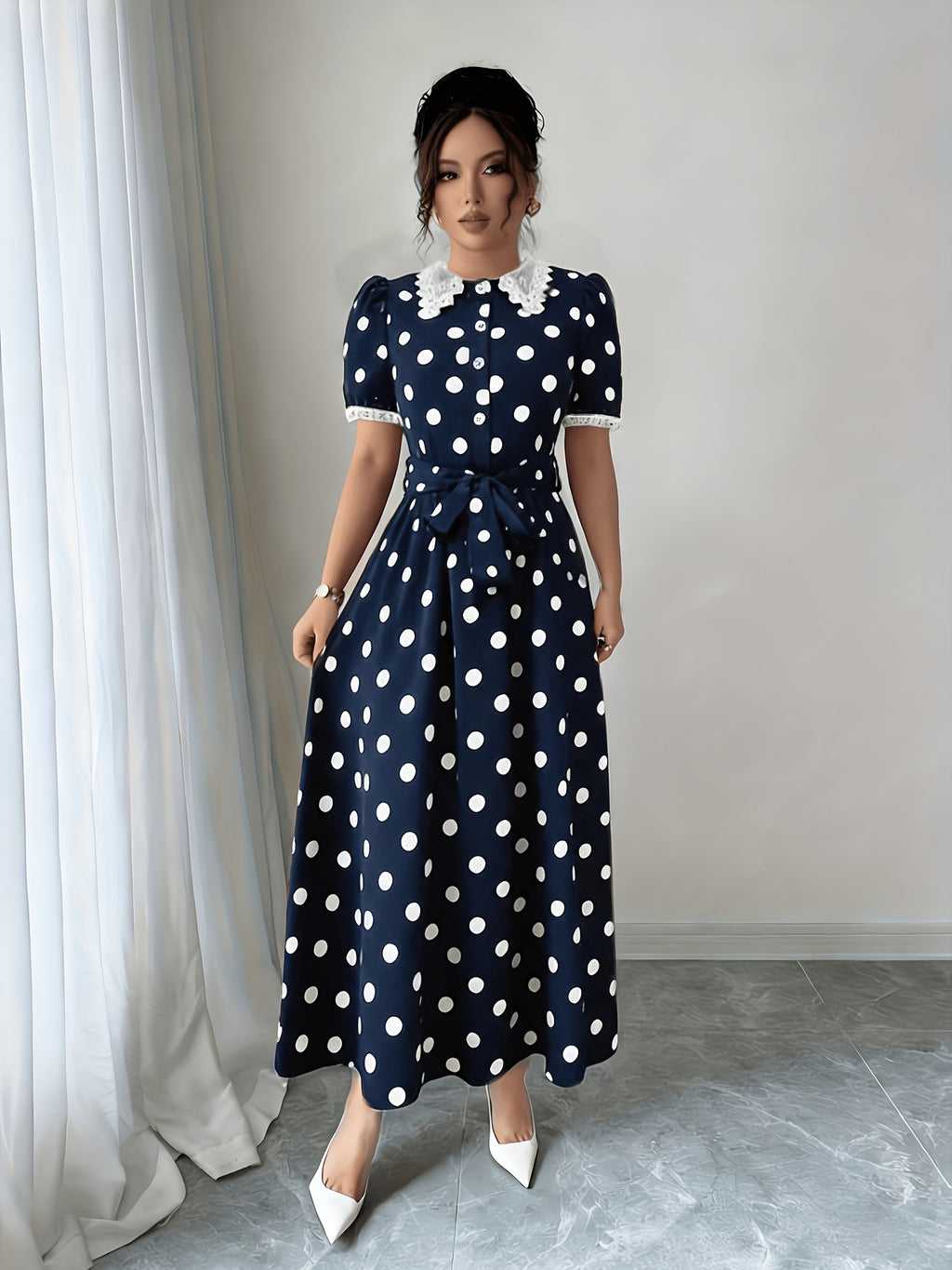 Elegant Lace-trimmed Polka Dot Color-block Long Dress with Waist Tie for a Fit - Navy Color