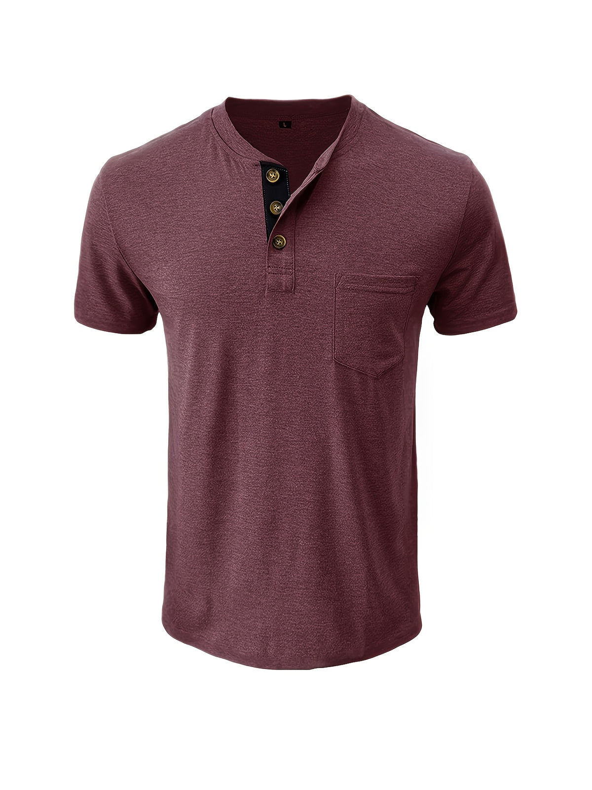 Men'S Summer Round Neck Short Sleeve T-Shirt Henley Shirt Pocket Top - Burgundy