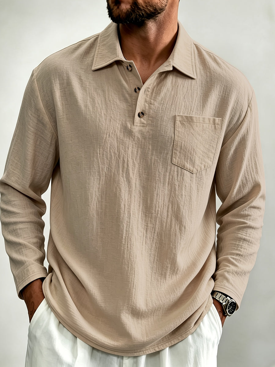 95% Linen Long Sleeve Polo Shirt Fall Winter Midweight Crinkle Texture 3 Wooden Buttons Single Chest Pocket Lapel Casual Top - Khaki