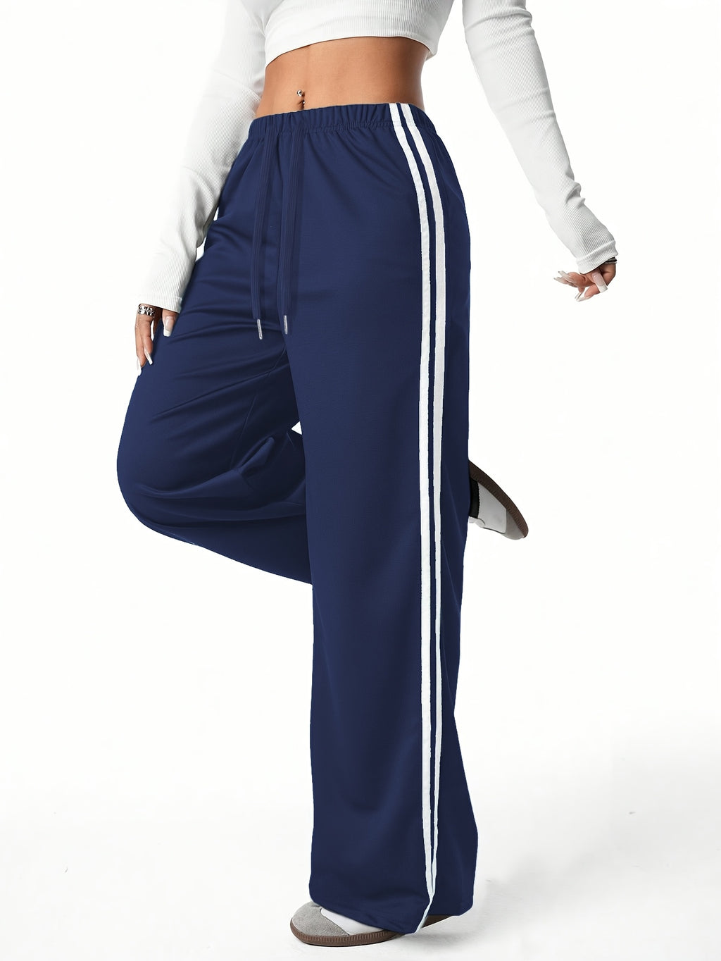 Solid Color Straight-Leg Athletic Pants with Drawstring Waist - Stretchable Casual Outdoor Workout Trousers Suitable for Gym,, Casual Attire - Year-Round Machine-Washable Sportswear - Navy Color