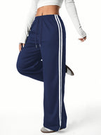 Solid Color Straight-Leg Athletic Pants with Drawstring Waist - Stretchable Casual Outdoor Workout Trousers Suitable for Gym,, Casual Attire - Year-Round Machine-Washable Sportswear - Navy Color