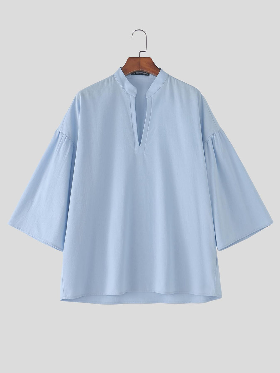 Men Casual Tops Solid 3/4 Sleeve Stand Collar V Neck Solid Loose Fit Outdoor Street Casual Shirt - Light Blue