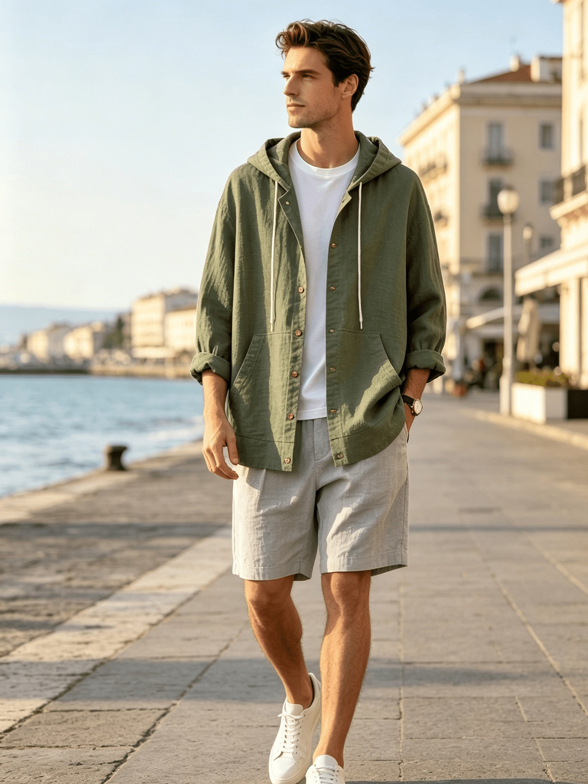 2026 New Men's Hooded Shirt, Soft and Breathable Linen Fabric, for Vacation, Travel, Leisure, Outdoor Fishing, and Beach - Olive Green