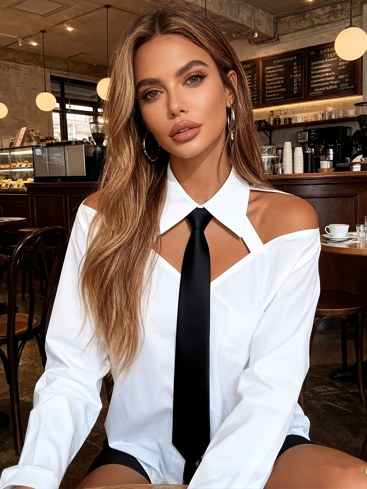 Elegant Off-Shoulder Color-Blocked Tie Long-Sleeve Blouse for Women'S Commuting: Spring Outfit Ideas, Summer Wardrobe - White