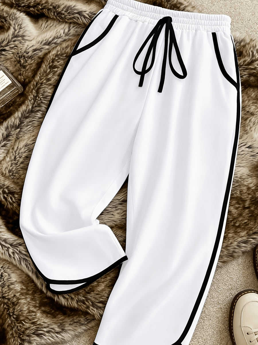 Women'S Pants, Easy Lazy Style American Retro Capri Pants, Elastic Waist Drawstring Design, Loose Contrast Trim Capri Pants, Comfortable Home Casual Trousers - White