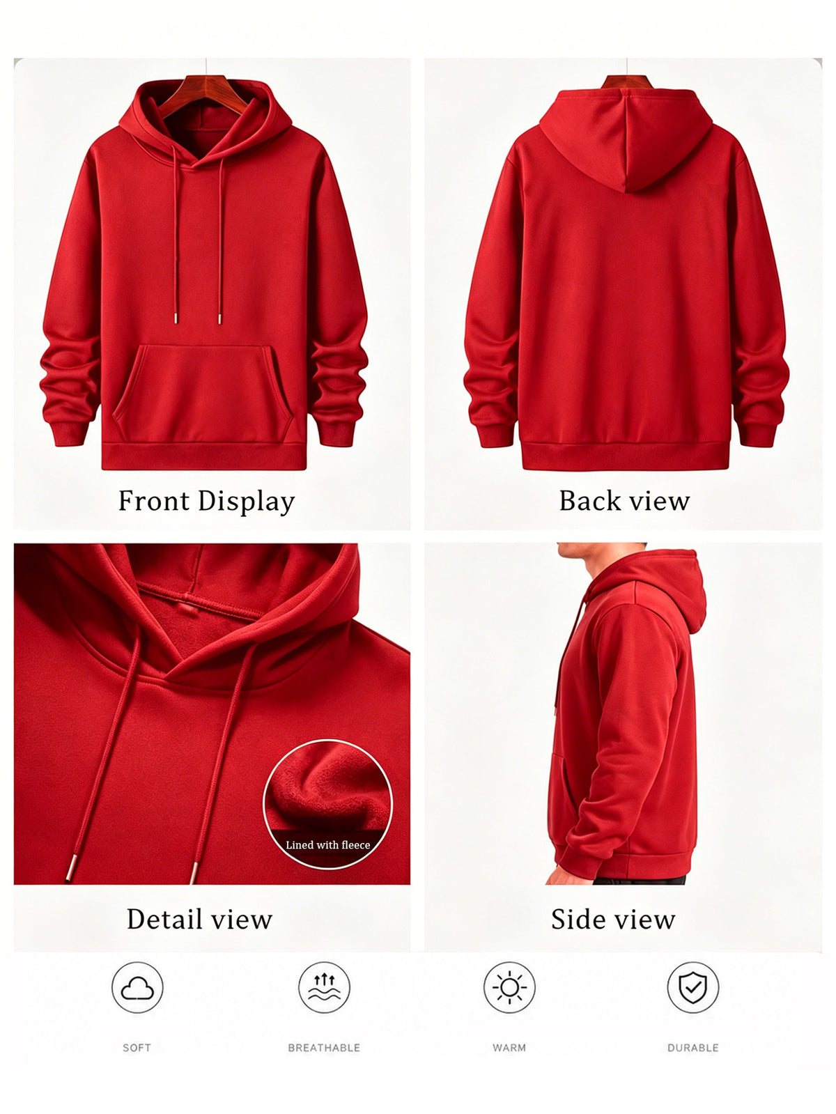 Men's Three-Panel Hooded Sweatshirt with Forest Scenery Patchwork Line Art Print, European and American Outdoor Style Casual Sweatshirt - Red