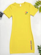 Women's 1pc T-Shirt Dress, Round Neck Short Sleeve Dress with Colorful Striped Print and "SPORT" Lettering, Casual Summer Fashion Dress for Women, Soft, Casual, and Elegant Women's Dress, Knee-Length, the Perfect Choice for Casual Summer Outfits - Bright Yellow