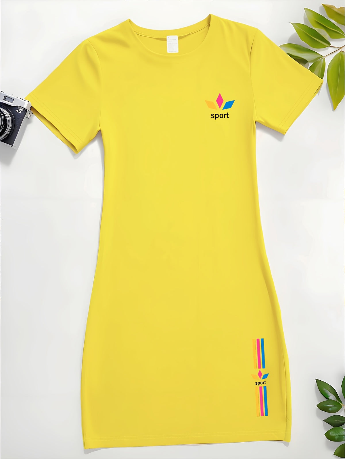 Women's 1pc T-Shirt Dress, Round Neck Short Sleeve Dress with Colorful Striped Print and "SPORT" Lettering, Casual Summer Fashion Dress for Women, Soft, Casual, and Elegant Women's Dress, Knee-Length, the Perfect Choice for Casual Summer Outfits - Bright Yellow