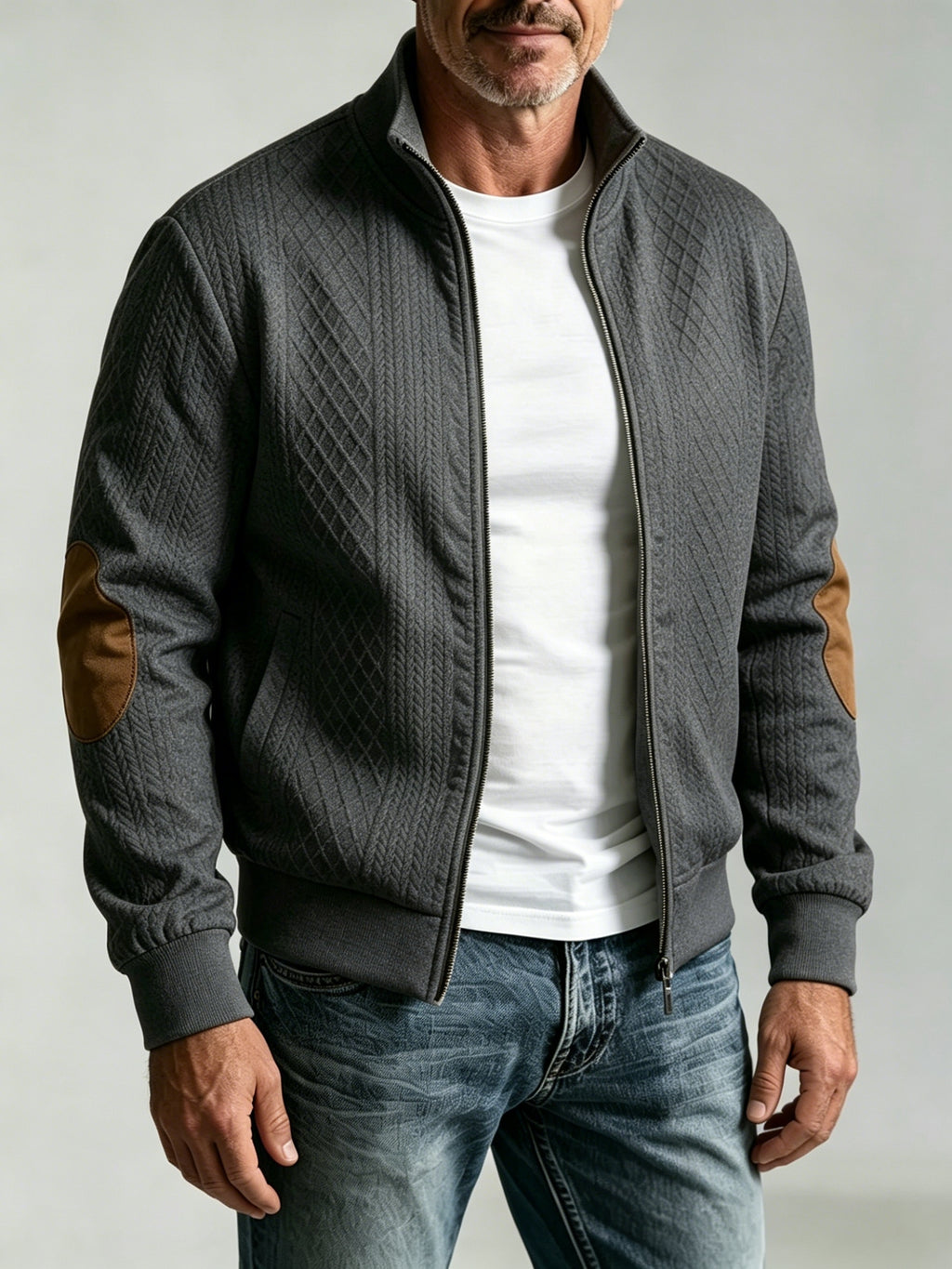 Spring/Autumn New Men's Stand Collar Rhombus Jacquard Baseball Jacket, Middle-Aged Business Casual Velvet Elbow Patch Design Knitted Cardigan, European and American Style Simple Versatile Solid Color Zipper Outerwear Top - Dark Gray