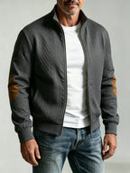 Spring/Autumn New Men's Stand Collar Rhombus Jacquard Baseball Jacket, Middle-Aged Business Casual Velvet Elbow Patch Design Knitted Cardigan, European and American Style Simple Versatile Solid Color Zipper Outerwear Top - Dark Gray