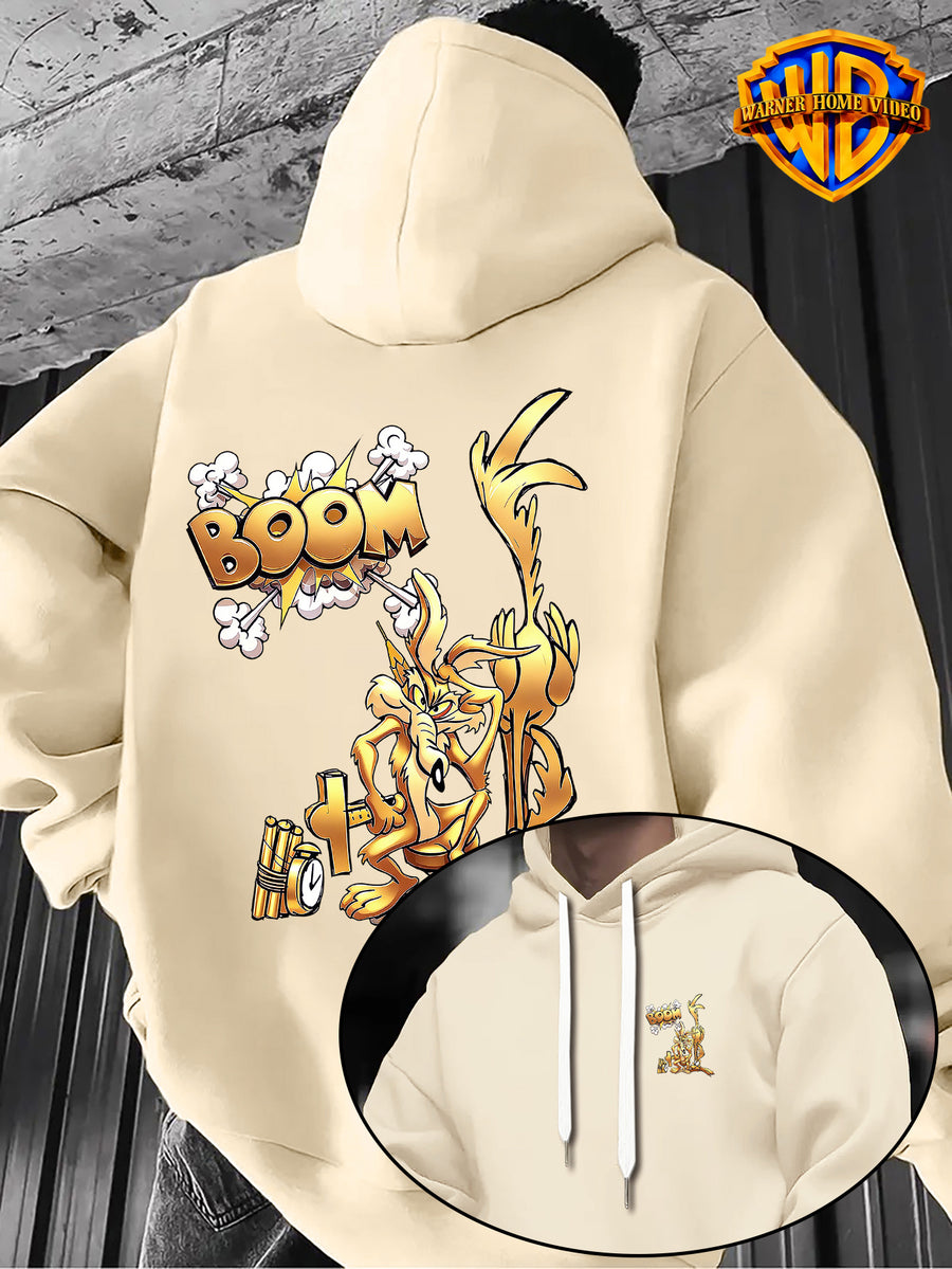 Warner Bros Official 1pc, Vintage Monochrome Gilded Original Art BOOM Exploding Crooked Heart Wolf Cartoon Streetwear Hoodie - Men's Fashion Hoodie, Double-Sided Front and Back Print, Adjustable Drawstring Loose and Comfortable Sweatshirt - Apricot