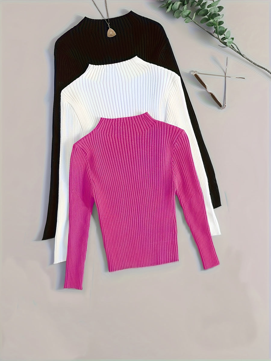 3pcs Set Stand Collar Ribbed Base Layer Stretch Plain Color Versatile Vintage - Multicolor 7