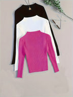 3pcs Set Stand Collar Ribbed Base Layer Stretch Plain Color Versatile Vintage - Multicolor 7