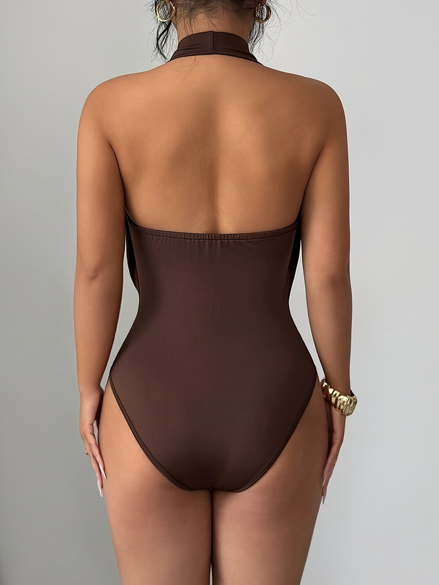 New Women's Solid Color Fashionable Summer Halter Neck Hollowed-out Bodysuit, Sexy Backless Tight-fitting Bodysuit, Slim Fit Bodysuit - 【Brown】