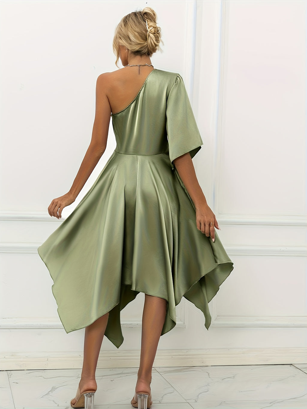 Elegant Off-Shoulder Asymmetrical Dress with Ruffle Sleeve Fitted Bodice & Flowy - Single Shoulder Wedding Guest Gown, Prom Dress, Special Occasion Outfit, Machine Washable Spring Summer Solid Color - Matcha Color