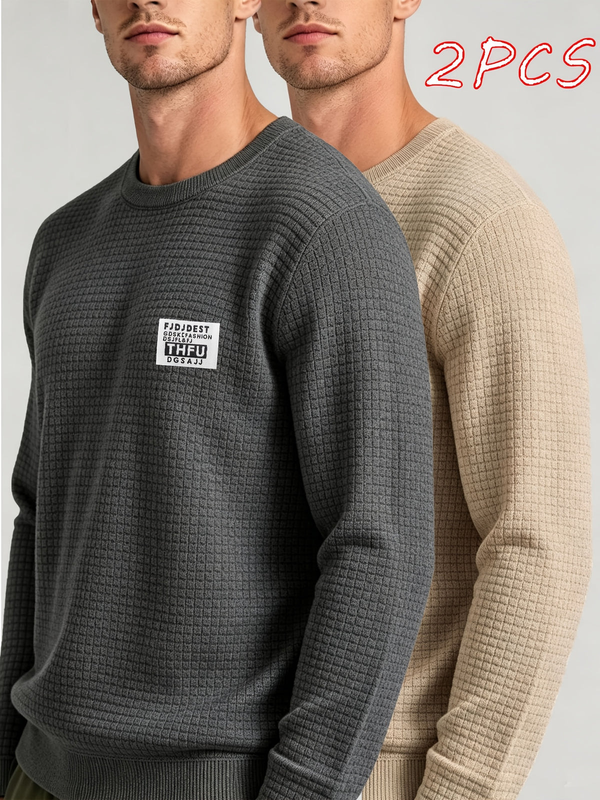 2pcs Men's Knit Pullover, Crew Neck Sweater in Different Color Combinations, Small Check Waffle Knit Texture, Warm and Comfortable for Autumn/Winter, Solid Color Simple and Versatile, Can Be Used as a Gift for Men - Khaki+Dark Grey