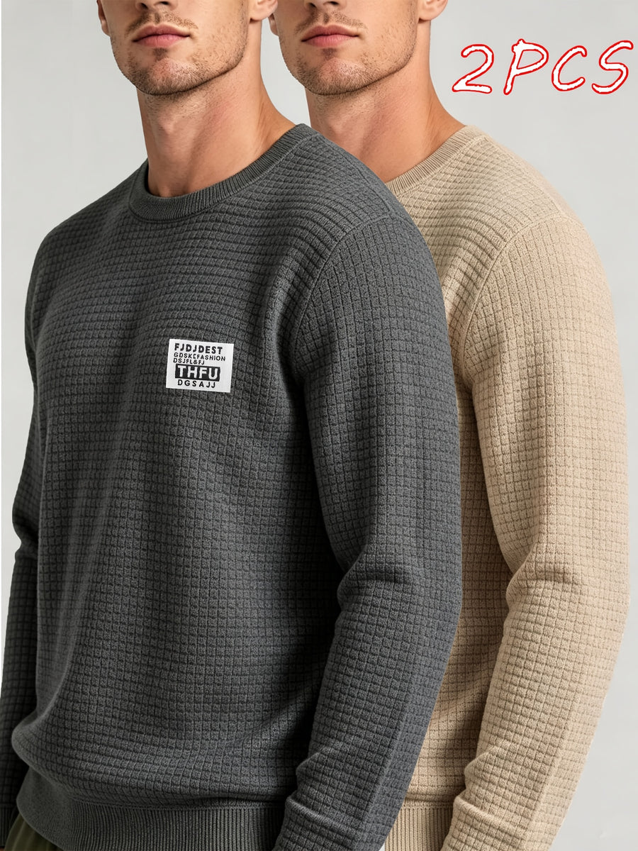 2pcs Men's Knit Pullover, Crew Neck Sweater in Different Color Combinations, Small Check Waffle Knit Texture, Warm and Comfortable for Autumn/Winter, Solid Color Simple and Versatile, Can Be Used as a Gift for Men - Khaki+Dark Grey