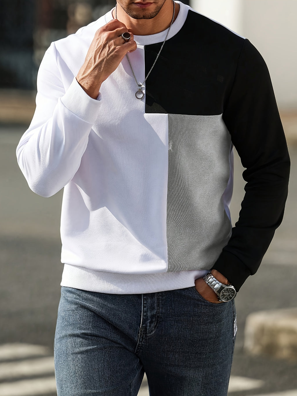 Men'S Fashion Casual Round Neck Patchwork Athletic Pullover Sweatshirt - Light Grey