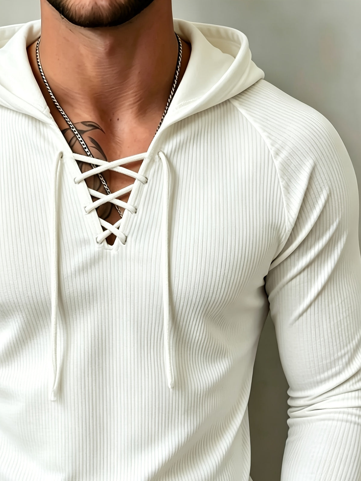 [Josh Mei OBM] American Retro Men'S Slim Fit Ringer Hooded Long Sleeve Shirt, Cross-Tie Deep V Design Elastic Texture Long Sleeve, Outdoor Casual Fitness Hat T - White