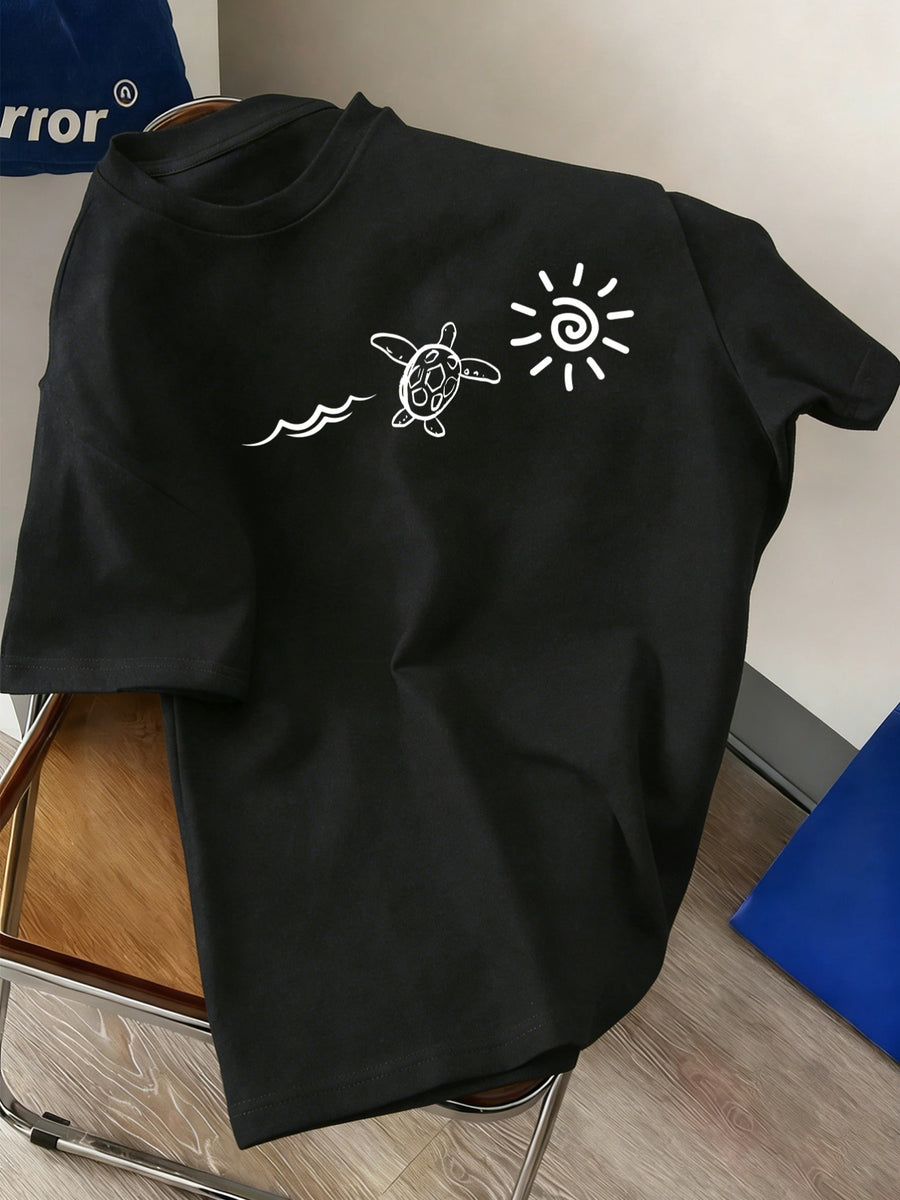 Men's New Style Pure Cotton Crew Neck Short Sleeve T-Shirt with Sea Turtle, Ocean Wave, and Sun Print - Comfortable, Soft, Breathable, Perfect for Vacation, Leisure, and a Summer Essential - Black