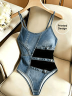 Y2K Digital Print Denim-Patterned Bodysuit with Thin Straps and U-Neckline, a Fitted Base Layer Top - Mixed colors
