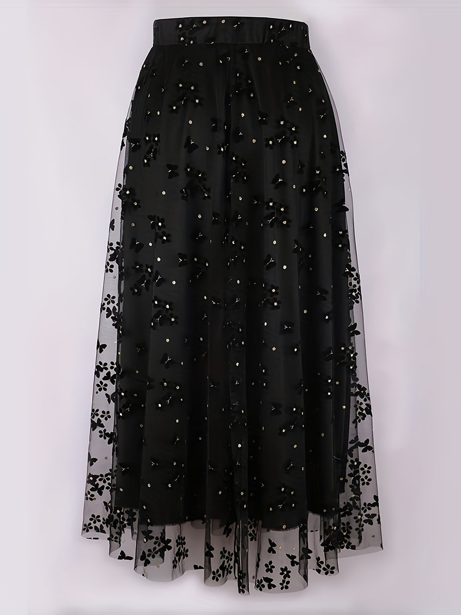 Women'S Elegant Butterfly Floral Print, Sequined Decorative Mesh Long Skirt, Suitable for Spring, Summer, And Autumn, Fashionable And Versatile, Hand Wash Solely - Black
