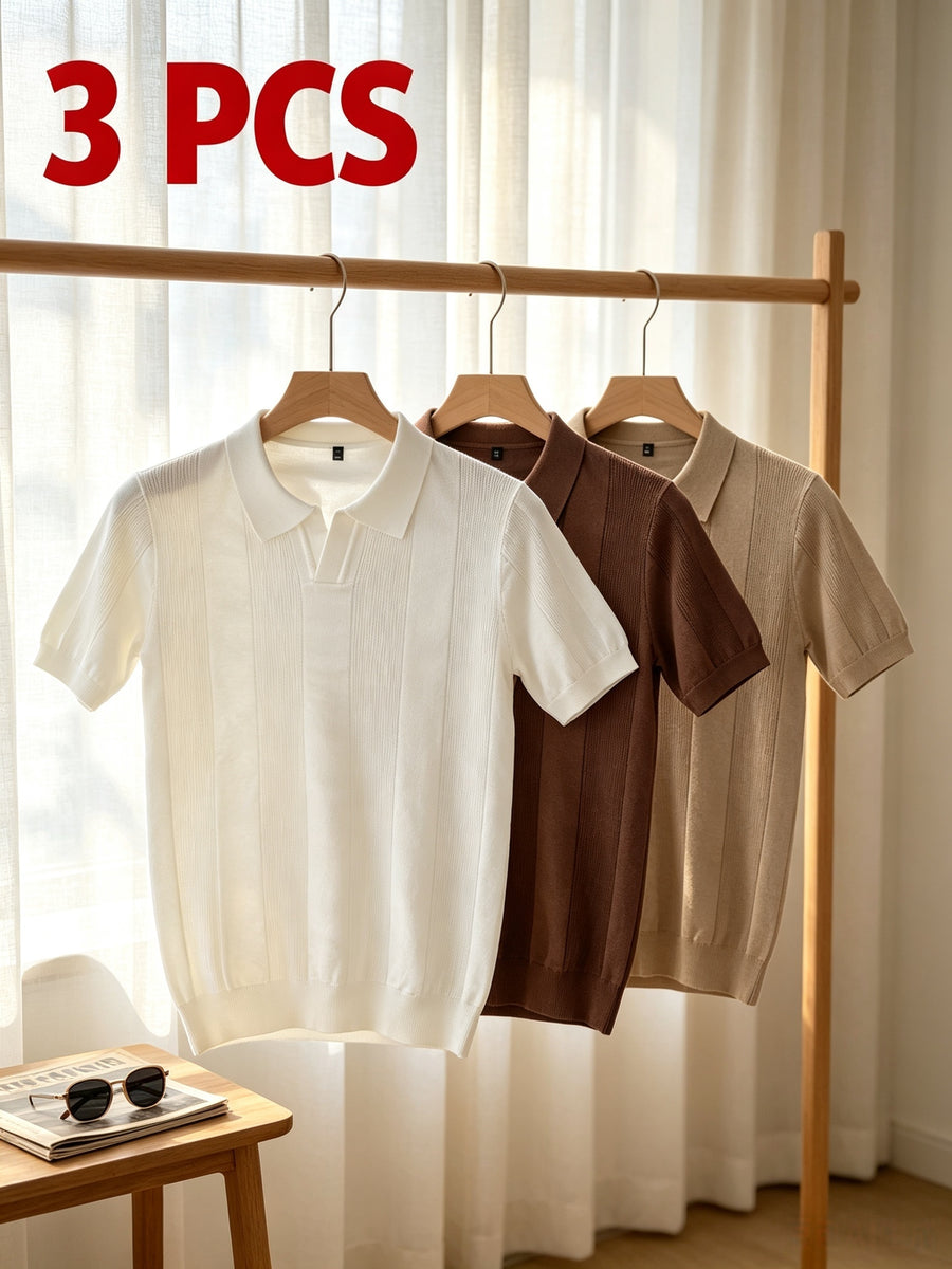 Men'S 3pcs Old Money Johnny Collar Vertical Textured Knit Polo Shirts, Breathable Casual Short Sleeve Tops, Multi-Color Set for Business Golf Vacation Summer Wear - White-Brown-Khaki