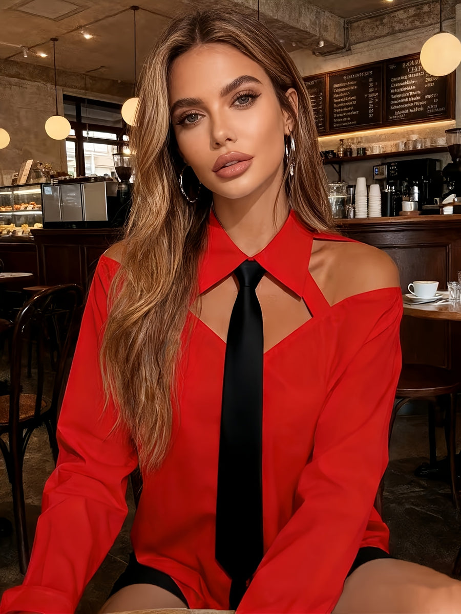 Elegant Off-Shoulder Color-Blocked Tie Long-Sleeve Blouse for Women'S Commuting: Spring Outfit Ideas, Summer Wardrobe - Red